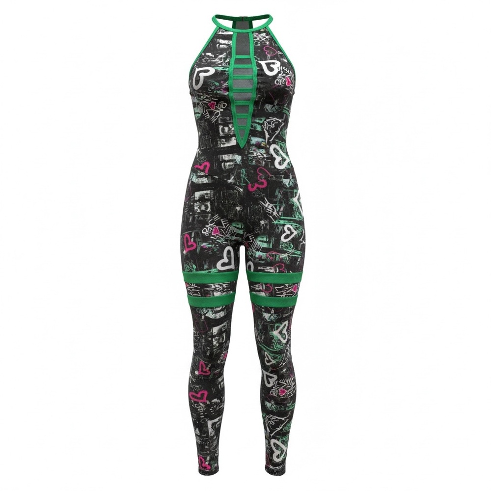 Iris Fitness Graffiti Heart Scrunch Booty Cutout Jumpsuit